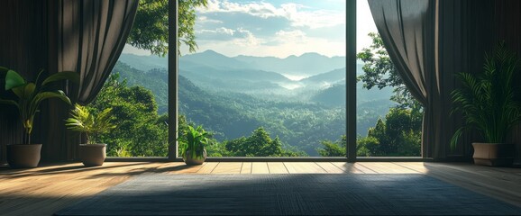 Fototapeta premium Wooden Floor With a Mountain View and a Grey Rug