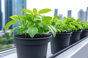 An urban farm with multiple shelves of green plants inside a building with a panoramic view of the city