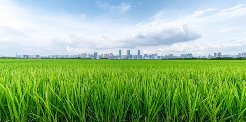 Fototapeta premium This panoramic scene features a lush green field with cityscapes and skyscrapers in the background.