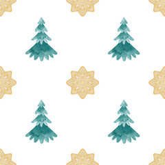 Christmas tree, gingerbread star. Watercolor seamless pattern on white background in pastel colors. Cute children's illustration for textiles and wrapping paper
