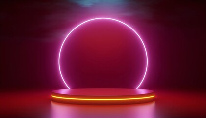 Obraz premium Red podium with neon lights 3D render background, advertising display with blank backdrop