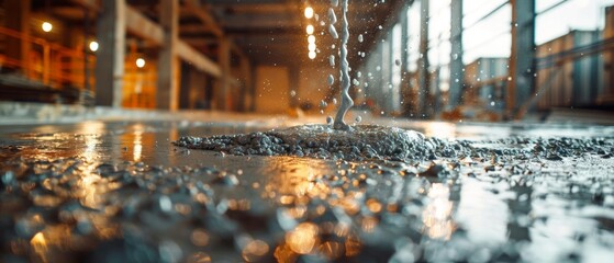 A fire hydrant releases water, forming a muddy puddle on a gray floor within an old building. Visible splashes and debris accompany a person's feet in the foreground.