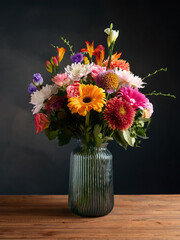 a bright colourful bouquet of flowers display in vase wooden table dark background