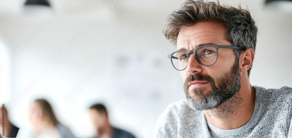 Poster quality management continuous improvement concept. a thoughtful man with glasses and a beard, gazing