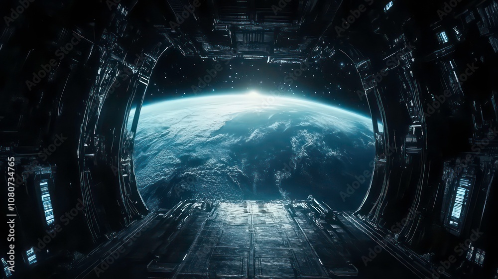 Poster a view of earth from the window of a spaceship, with the sun shining on the horizon.