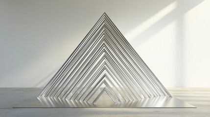 A modern abstract sculpture made of metal, featuring a series of triangular shapes arranged in a pyramid.