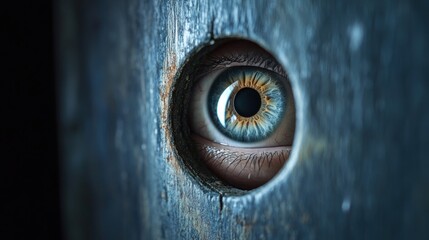 A Single Eye Peering Through a Hole in a Wooden Door