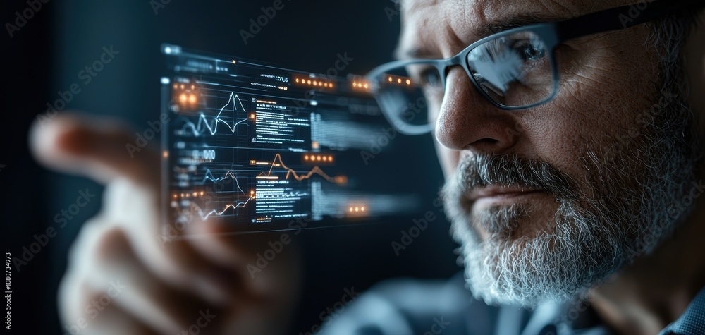 Leinwandbilder Quality management  continuous improvement concept. A focused man wearing glasses interacts with a transparent digital interface displaying complex data and graphs.
