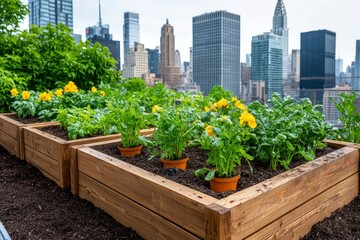 The rooftop garden contains raised beds of fresh vegetables and herbs, and offers seating areas and a walkway as part of its eco-friendly design.