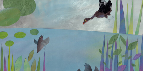 illustration in watercolor, crayons and collage of the black swan above the lake