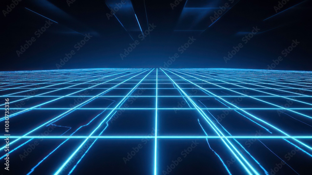 Poster A blue neon grid pattern forms a vanishing point in a dark, abstract background.