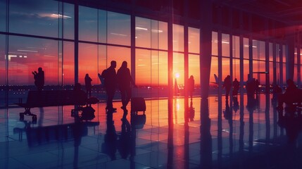 A serene airport scene at dusk with silhouetted passengers against a colorful sunset backdrop, showing a mix of stillness and activity amidst the tranquility.
