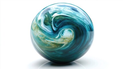 A vibrant blue marble with swirling patterns resembling ocean waves against a white background.