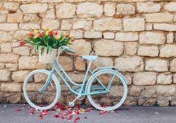 Vintage blue bicycle with basket of spring tulips against stone wall