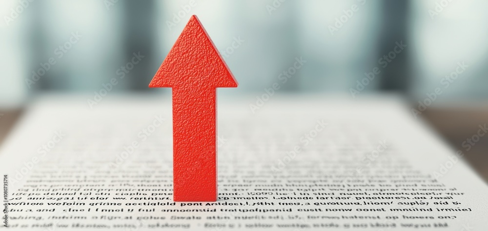 Fototapete Quality management  continuous improvement concept. A red arrow points upward on a page filled with text, emphasizing direction and growth.