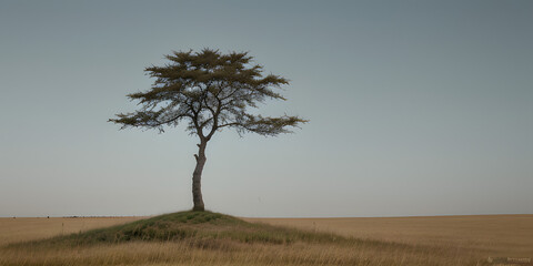 Minimalist Nature Scene Tree in Grass Field with Clear Sky