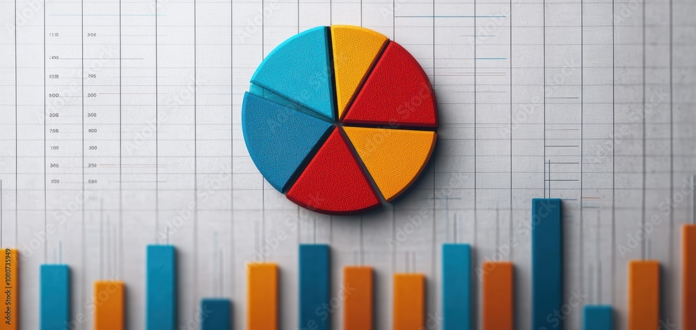 Poster Quality management  continuous improvement concept. A colorful pie chart overlays a grid background, complemented by vertical bar graphs, representing data visualization and analysis.