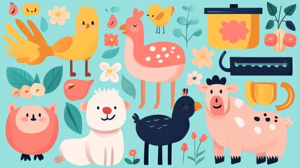 Naklejka premium This delightful clipart set showcases a variety of farm animals including cows birds and sheep alongside farming tools and natural elements perfect for creative projects.