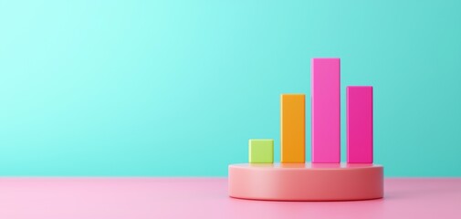 Quality management  continuous improvement concept. A colorful bar chart stands on a circular base, showcasing different heights, against a vibrant turquoise and pink background.