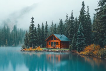 Obraz premium A wooden cabin sits on a small island in a misty lake, surrounded by tall evergreen trees.