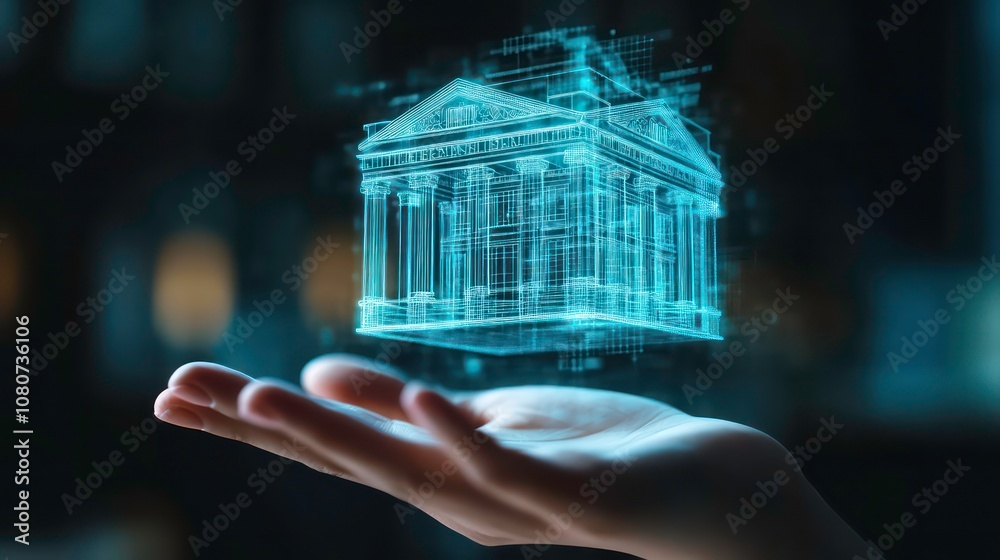 Poster a futuristic digital hologram of a bank building floating above a person's hand, symbolizing modern 