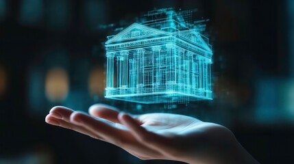 A futuristic digital hologram of a bank building floating above a person's hand, symbolizing modern finance and technology innovation