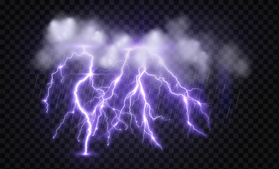 realistic colorful solightning strike in storm and rainy clouds, bright realistic lightning effect with flash and glow on isolated background