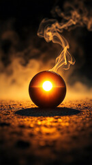 Artwork. Digital art. Wallpaper. Glass ball on the asphalt against the backdrop of sunrise