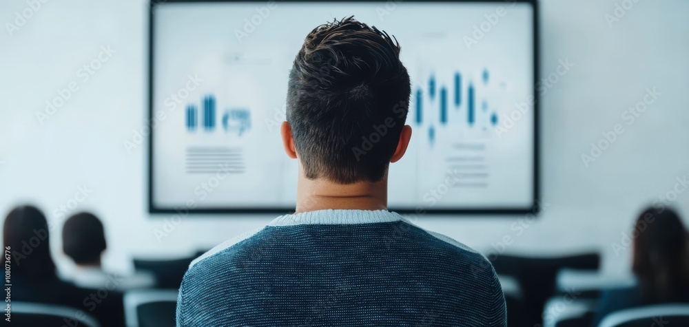 Poster Quality management  continuous improvement concept. A person is viewing a presentation with graphs and data visuals, engaged in a professional learning or meeting environment.