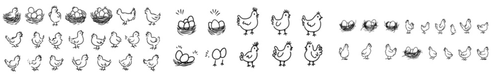 Chicken sketches with cute hens. Sketch style sketch of farm animals. Funny outline of domestic birds, poultry.
