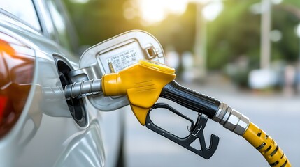 Fuel nozzle inserted in car fuel tank on sunny day, close-up view.