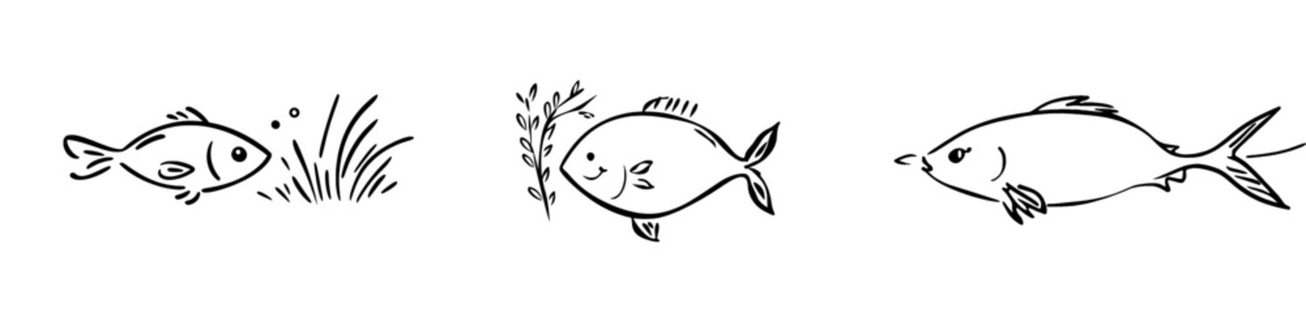 Drawn doodle fishes, sketched fish pictogram, icons of sardine flocks, sketchy sea animals, mackrel