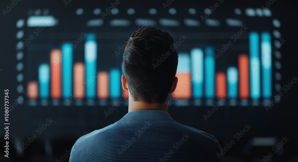 Poster Quality management  continuous improvement concept. A person observes a data visualization display showing colorful bar graphs, representing statistical analysis and insights.