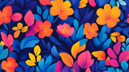 A stunning collection of bright flowers and lush leaves emerges against a rich blue backdrop showcasing a modern floral design ideal for fashion tapestries and decorative prints.