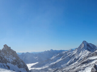 Top of the mountain landscape. Hintertux glacier on a sunny day panorama. Winter scenery