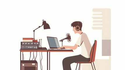 A sleek, abstract podcast logo featuring a solo podcaster in a minimalist home studio setup. 