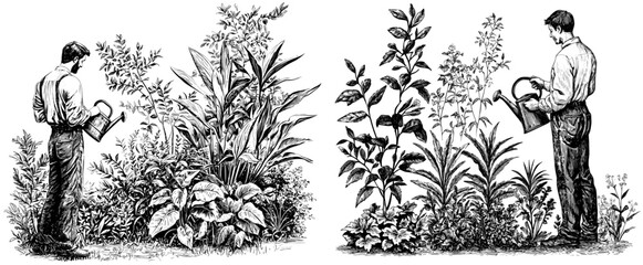 Fototapeta premium An eco-friendly gardener watering plants, protecting ecology and nature. Ecological flat modern illustration isolated on white.