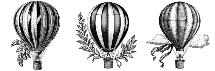 In a flat graphic modern illustration isolated on white background, a hot air balloon, baloon, aerostat with basket, banners, and bags. Aerial travel, flight, journey.