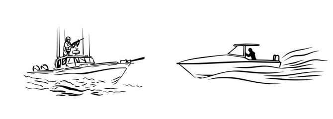 On a boat, a soldier in a uniform holds a gun