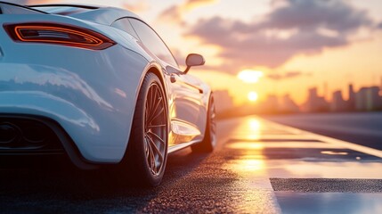 Sleek white sports car parked on urban road at sunset, city skyline silhouette in background, golden light reflecting off vehicle's glossy surface.