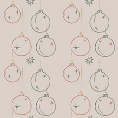 Retro Christmas seamless pattern background featuring delicate hand-drawn line art sketches of festive holiday baubles and sparkling stars.