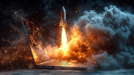 A digital rocket launching from a laptop explosive visuals of technology in action