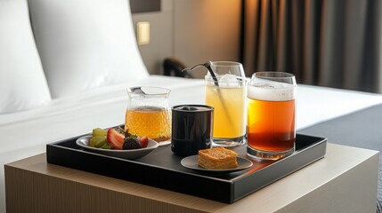 Luxury Hotel Room Service Gourmet Drinks Treats on Tray