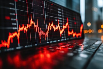 Fototapeta premium Close-Up View of a Digital Stock Market Chart Displaying Fluctuating Financial Data with Vivid Red Colors Against a Dark Background