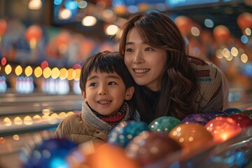 A mother smiles brightly while standing close to her young son at an arcade filled with colorful lights and interactive games. The atmosphere is lively and cheerful, perfect for family fun