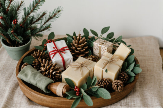 A basket filled with handmade soaps pinecone