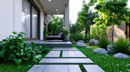 Obraz premium A serene backyard garden featuring a stone pathway leading to a modern seating area surrounded by lush greenery in bright daylight