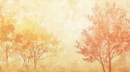 Warm watercolor trees scattered leaves on aged textured backdrop