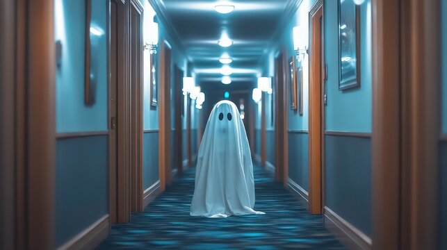 A cute sheet ghost in a hallway of a vintage retro hotel corridor