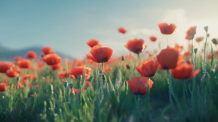 A vibrant field of red poppies swaying gently in the breeze under a clear blue sky.